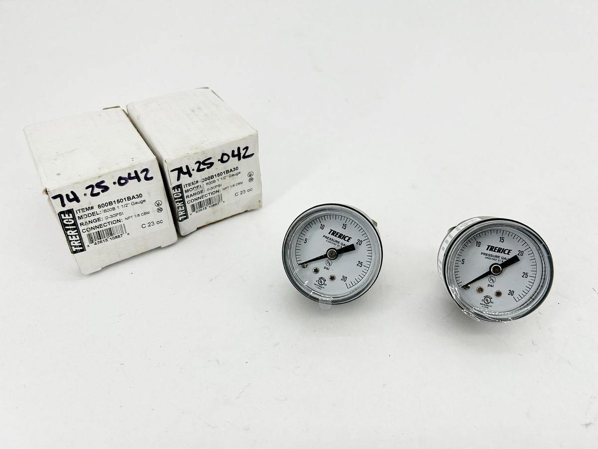 Lot of 2 New Trerice 800B1501BA30 Pressure Gauges 800B 1-1/2" 0-30psi 1/8" CBM