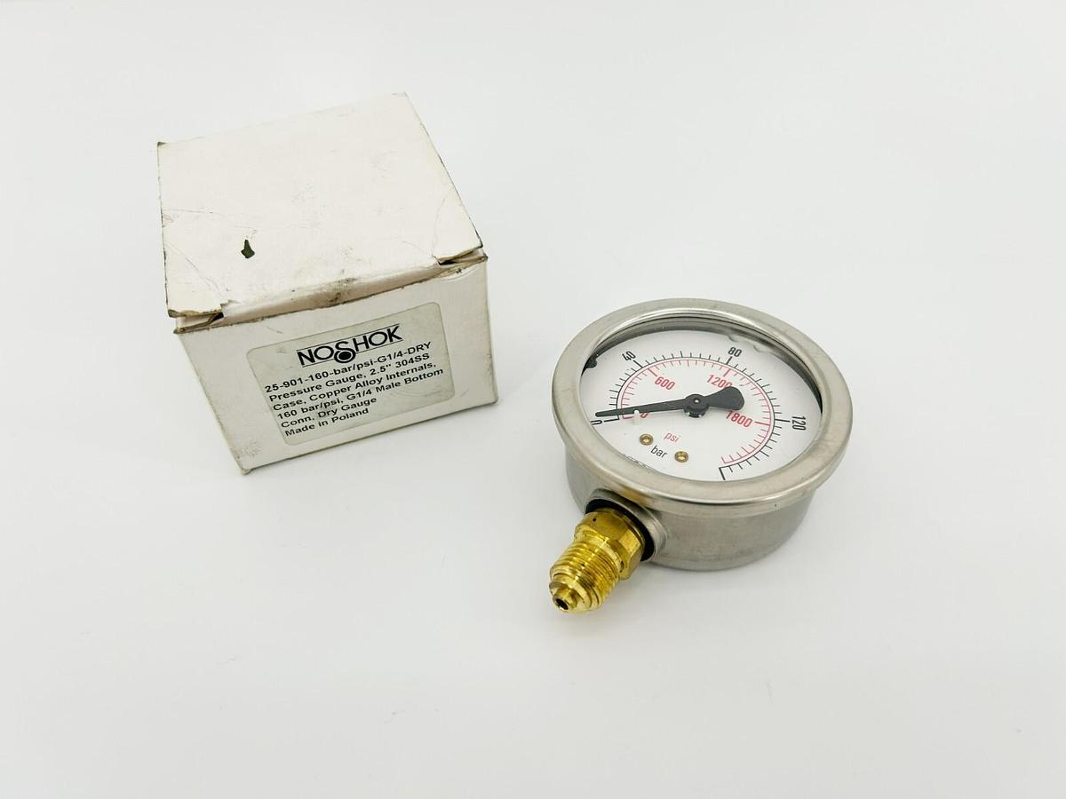 New NoShok 25-901-160-BAR/PSI-G1/4-DRY Pressure Gauge, 2000psi, 304SS