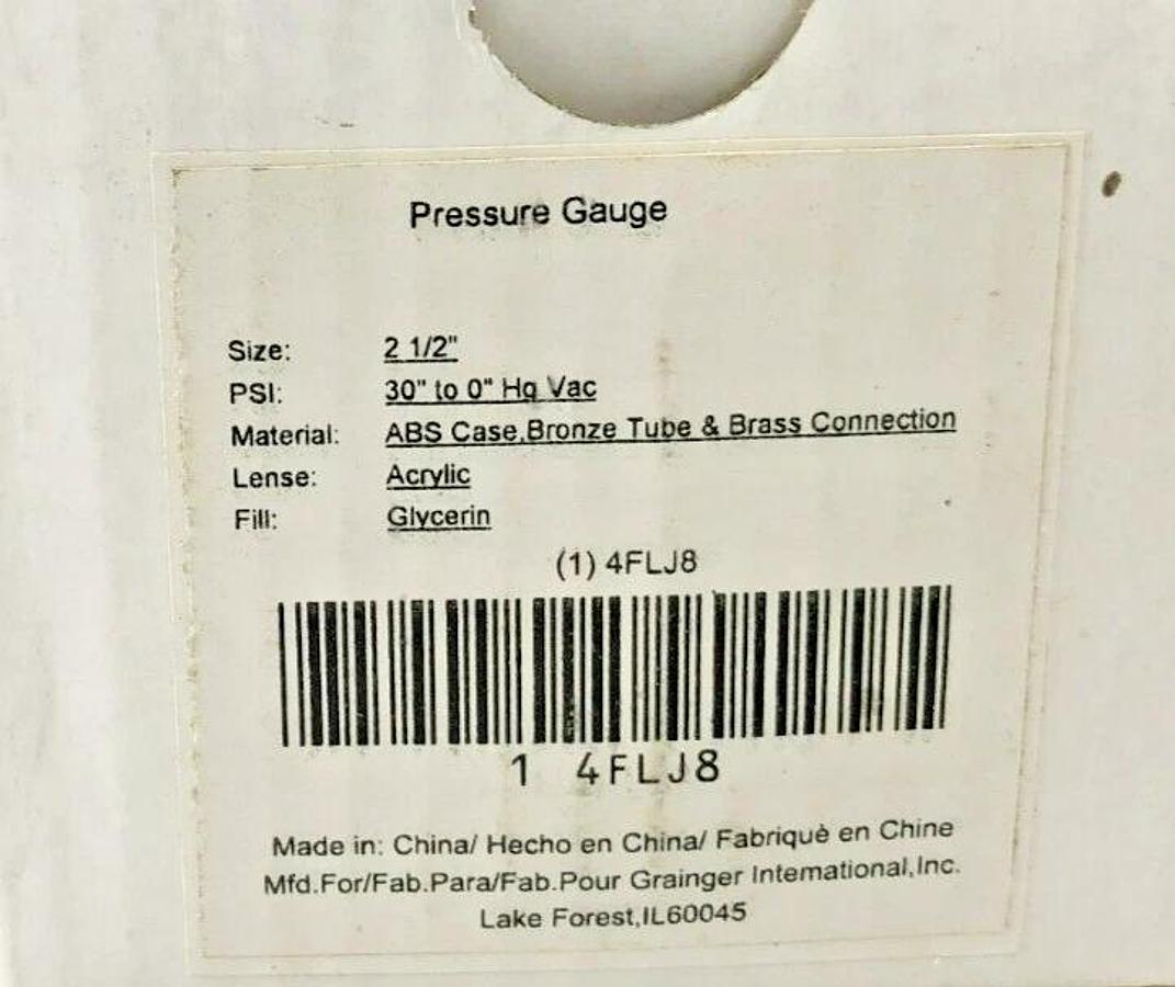Lot of 4 New Grainger 4FLJ8 Pressure Gauge 2-1/2" Dia. 30-0in. Hg
