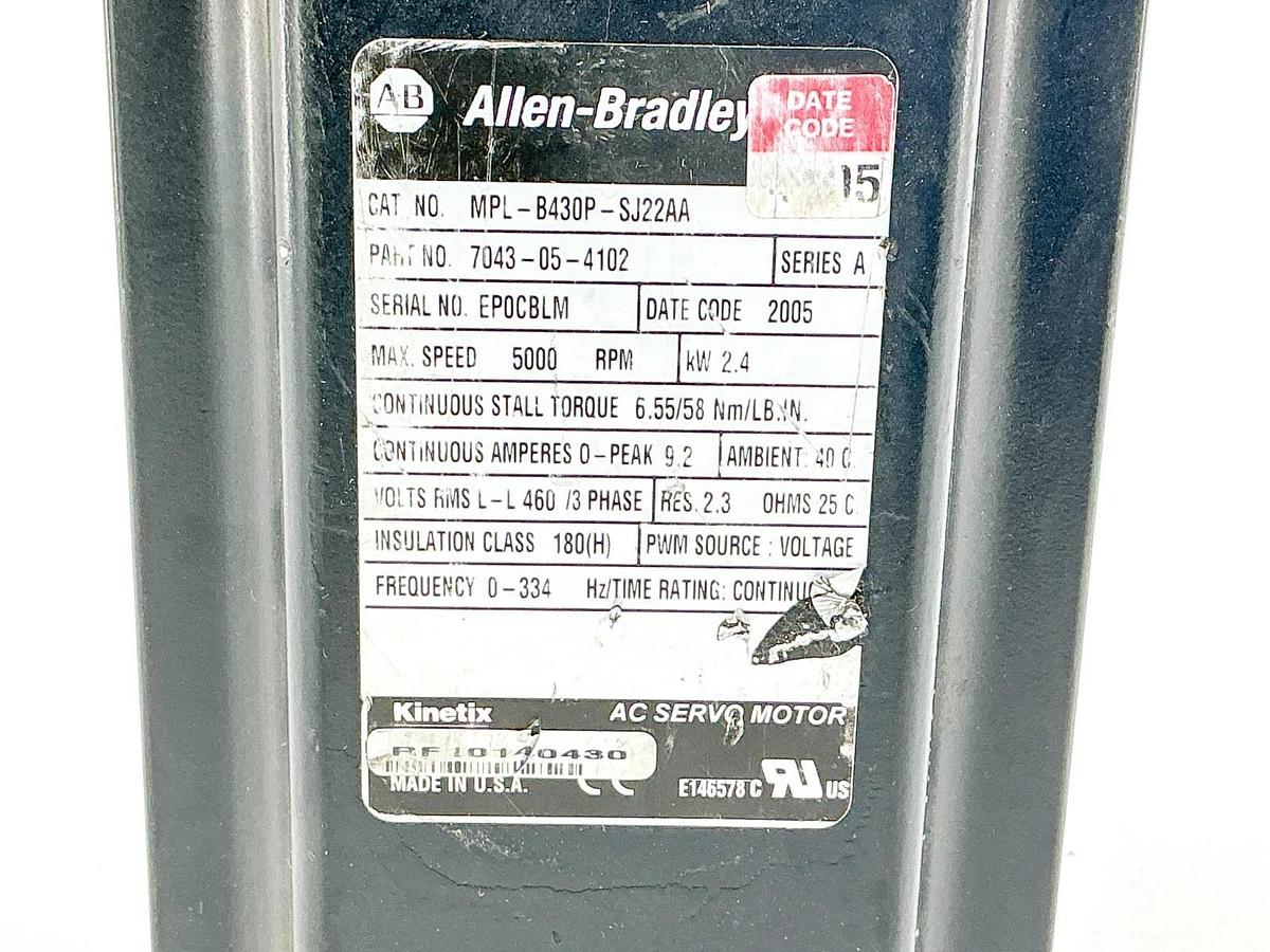 Used Allen Bradley MPL-B430P-SJ22AA Servo Motor 5000RPM 2.4KW 3PH 460V Ser.A