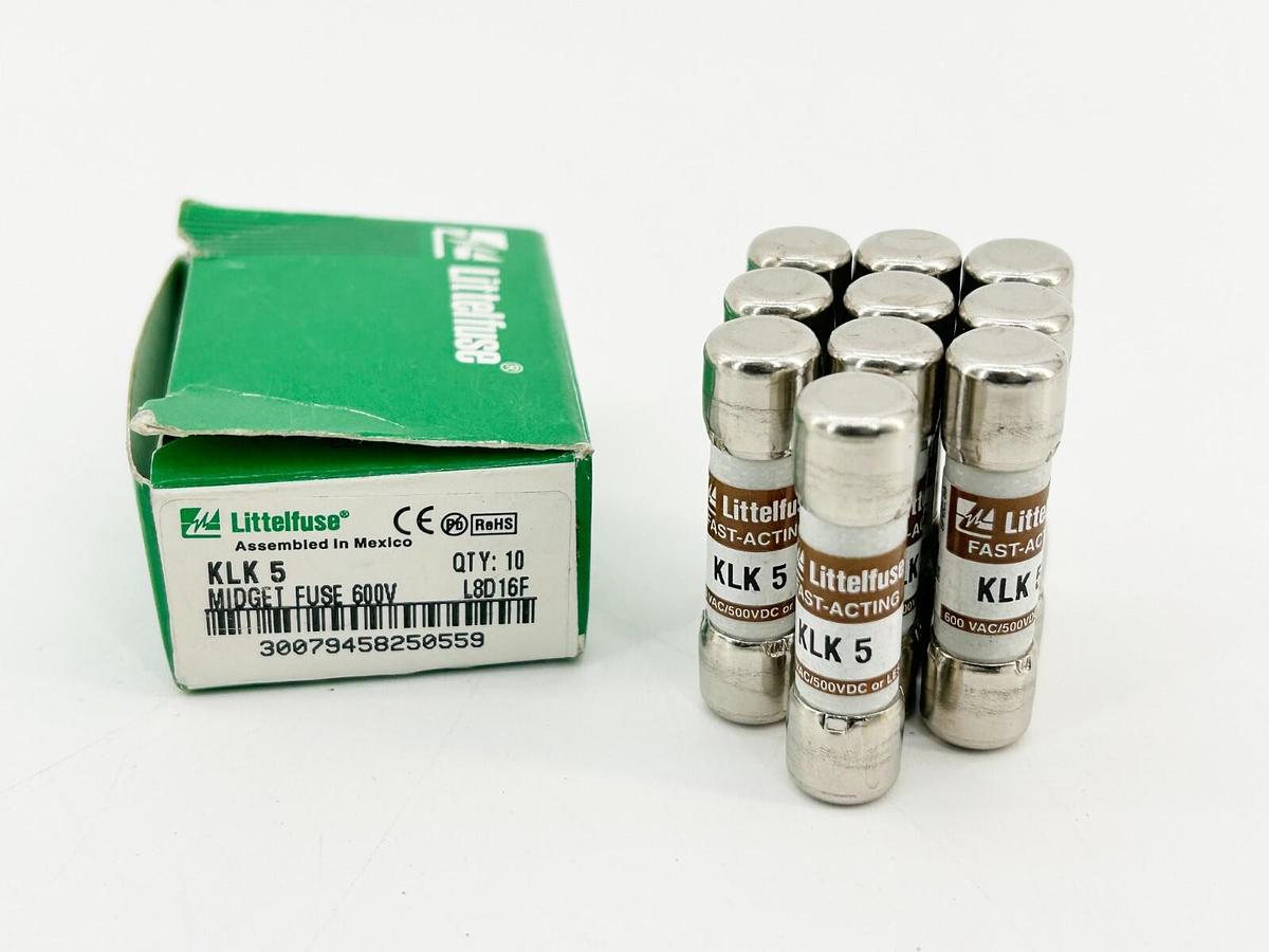 New Box of 10 Littelfuse KLK-5 Fast Acting Fuse 5A 600V
