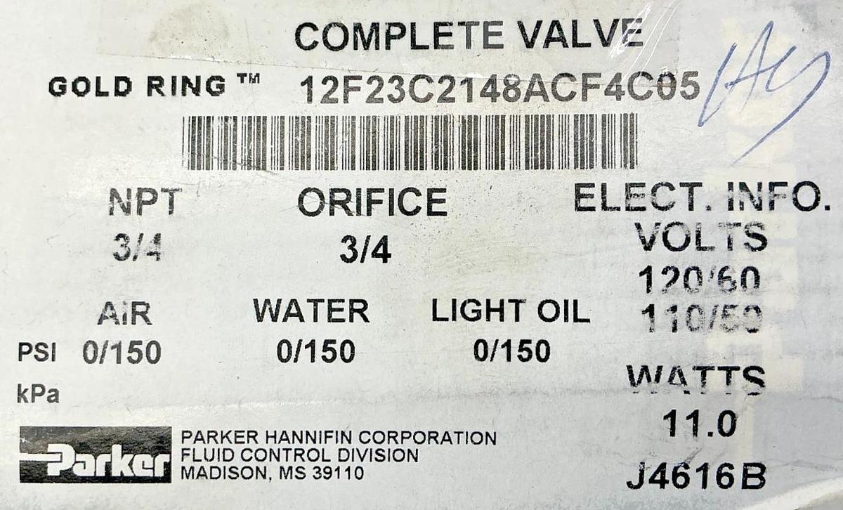 New Parker 12F23C2148ACF4C05 Complete Solenoid Valve 3/4NPT 3/4Orifice 11W 120V