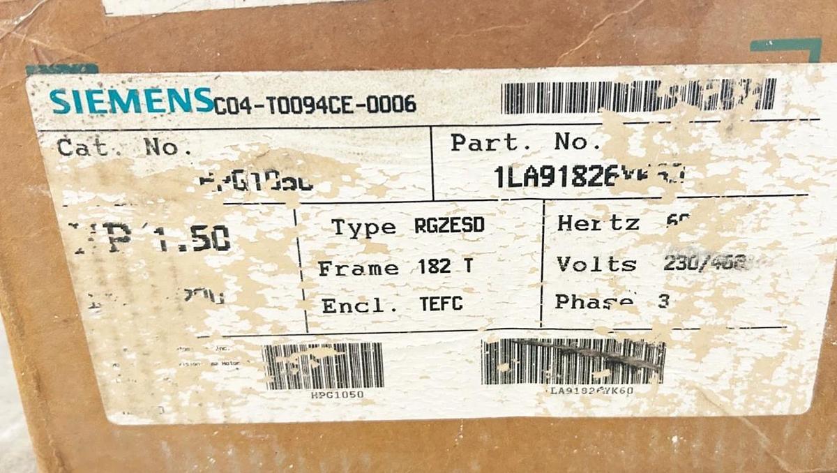 New Siemens 1LA91826YK60 AC Motor RGZESD 1.5 HP 230/460V 3PH HPG1050