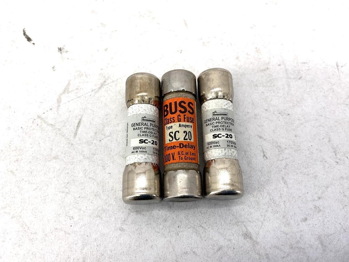 Lot of 3 New Bussmann SC-20 General Purpose Time-Delay Class G Fuse 20A 600V