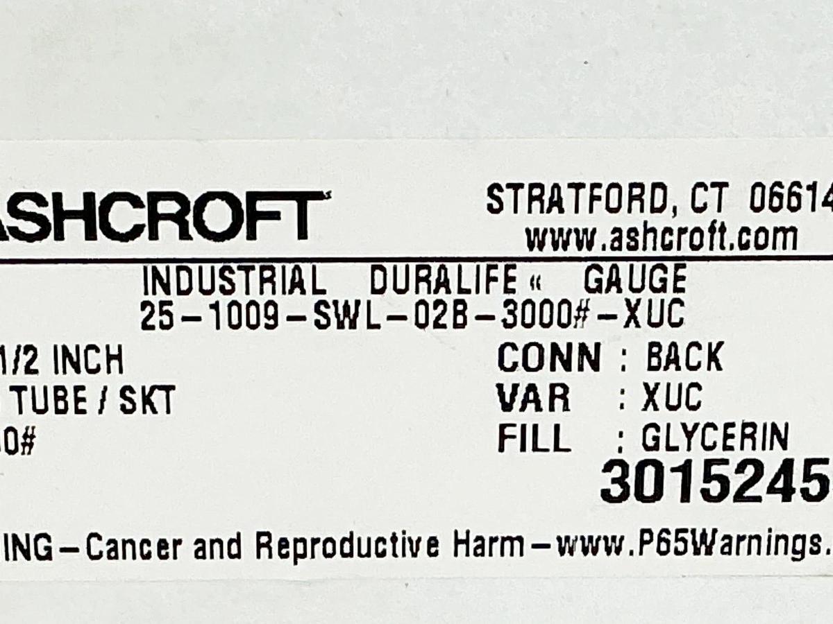 New Ashcroft 25-1009-SWL-02B-3000#-XUC Pressure Gauge 2-1/2" 3000PSI 316 Tube