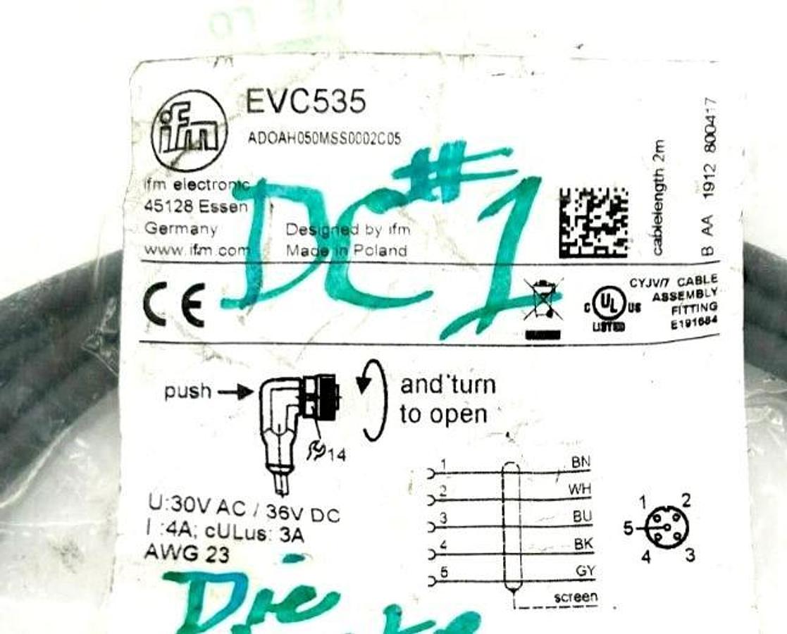 New ifm EVC535 Connecting Cable, 30VAC / 36VDC
