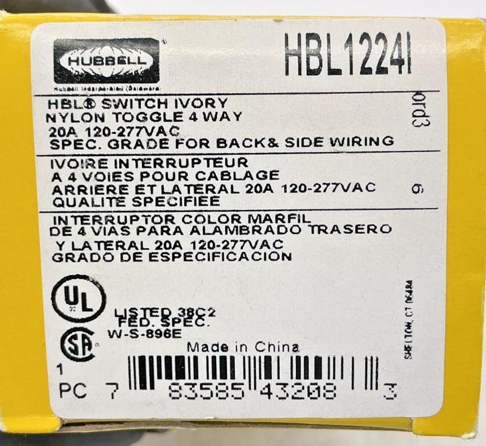 New Hubbell HBL1224I Switch Ivory Nylon Toggle 4-Way 20A 120-277VAC