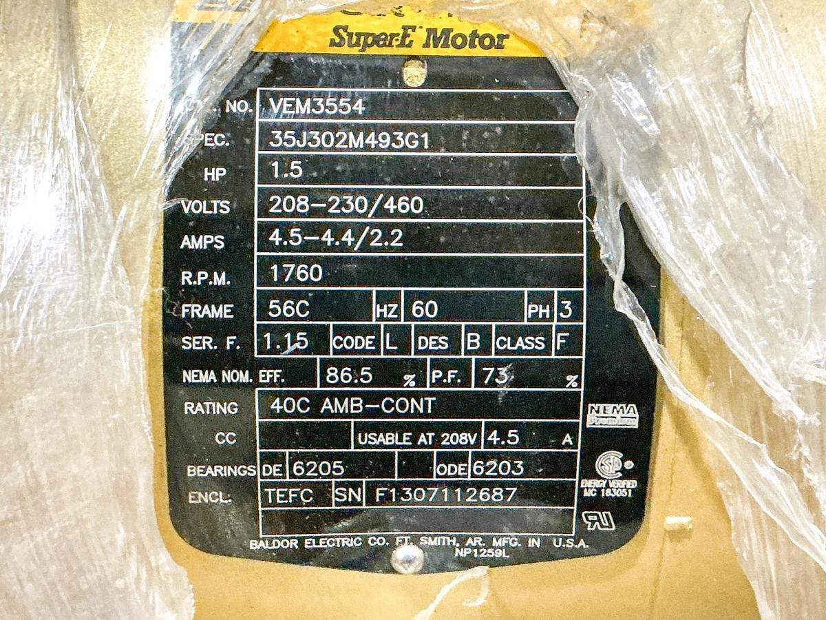 New Baldor VEM3554 Electric Motor 1.5HP 3PH 460V 1760RPM Spec 35J302M493G1