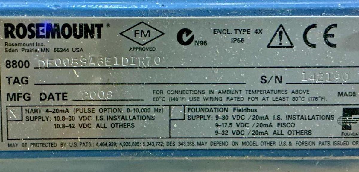 New Emerson Rosemount 8800DF005SA6E1D1R70 Vortex Flow Meter 800/427 1440PSIG