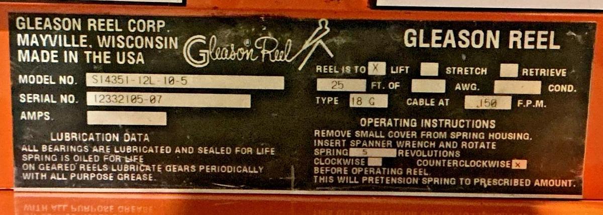 Used Gleason Reel S14351-12L-10-5 Cable Reel Lift ~25ft Type-18G Cable @ 0.150FPM