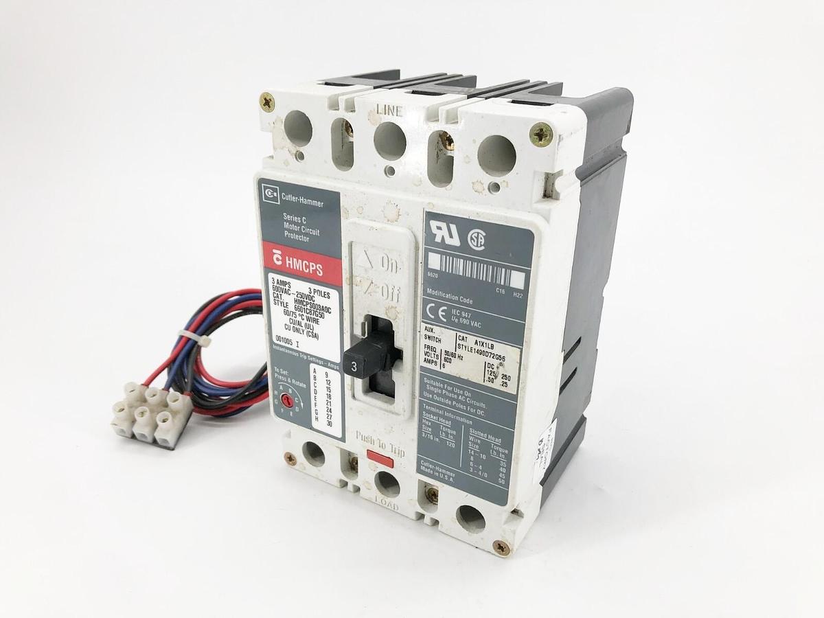 Used Cutler Hammer HMCPS003A0C Motor Circuit Breaker w/ A1X1LB 3P 3A 600VAC 250VDC