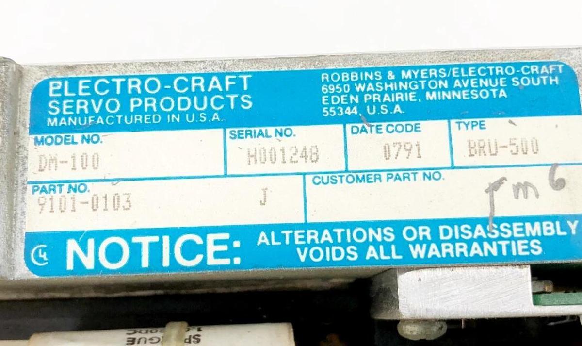 Used Electro-Craft 9101-0103 Brushless Servo Drive Model DM-100 Type BRU-500