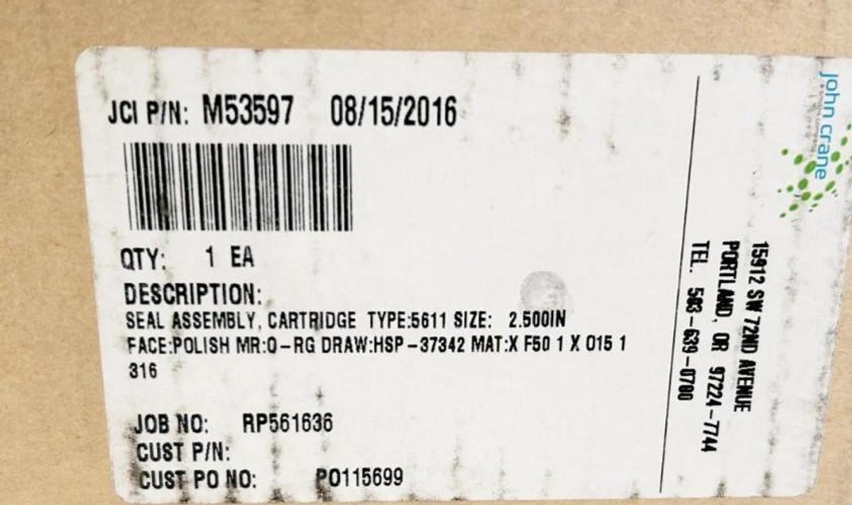 New John Crane M53597 Cartridge Seal Assembly 2.5" Type 5611 Stainless Steel