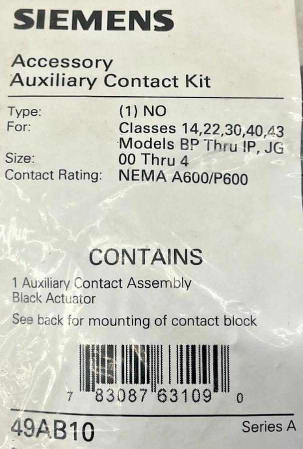 New Siemens 49AB10 Auxiliary Contact Assembly Actuator Type: 1NO Size: 00 Thru 4