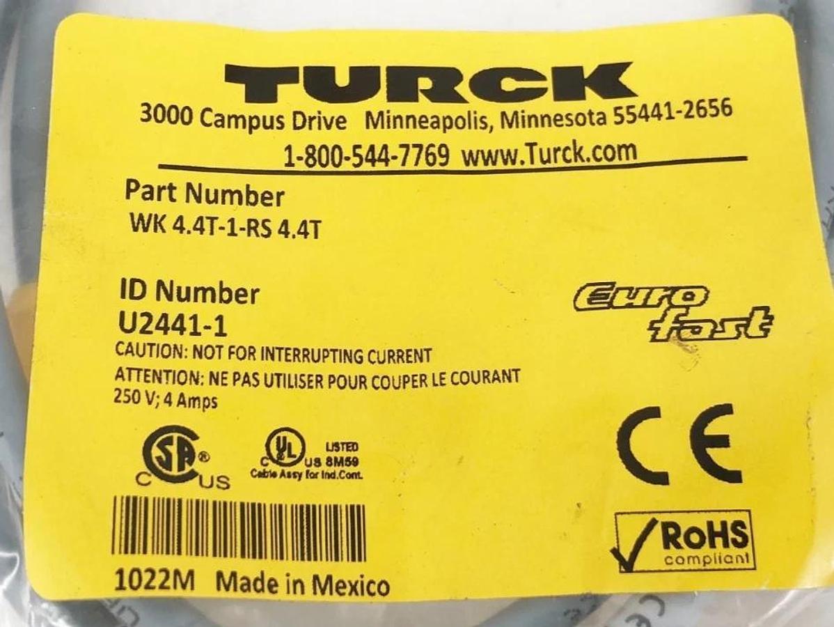 New Turck WK 4.4T-1-RS 4.4T Eurofast Molded Cordset U2441-1
