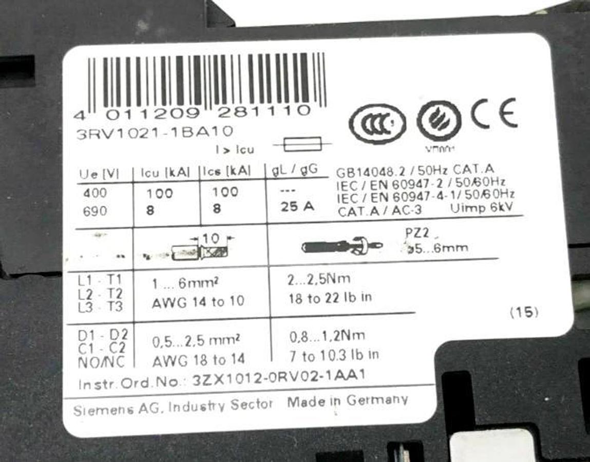 Used Siemens 3RV1021-1BA10 Circuit Breaker 600V 3 Pole 3PH