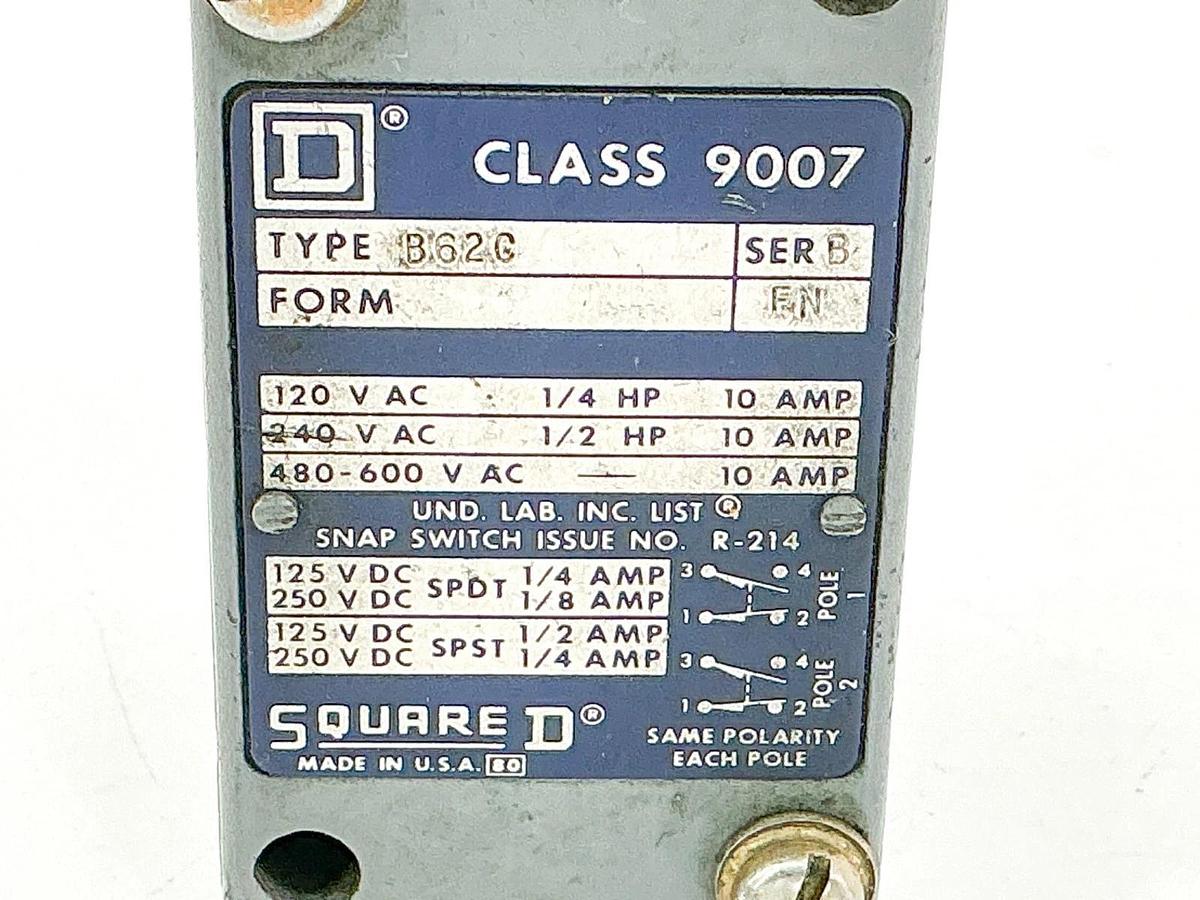 Used Square D 9007-B62C Limit Switch 600V 10A 1/2HP 9007