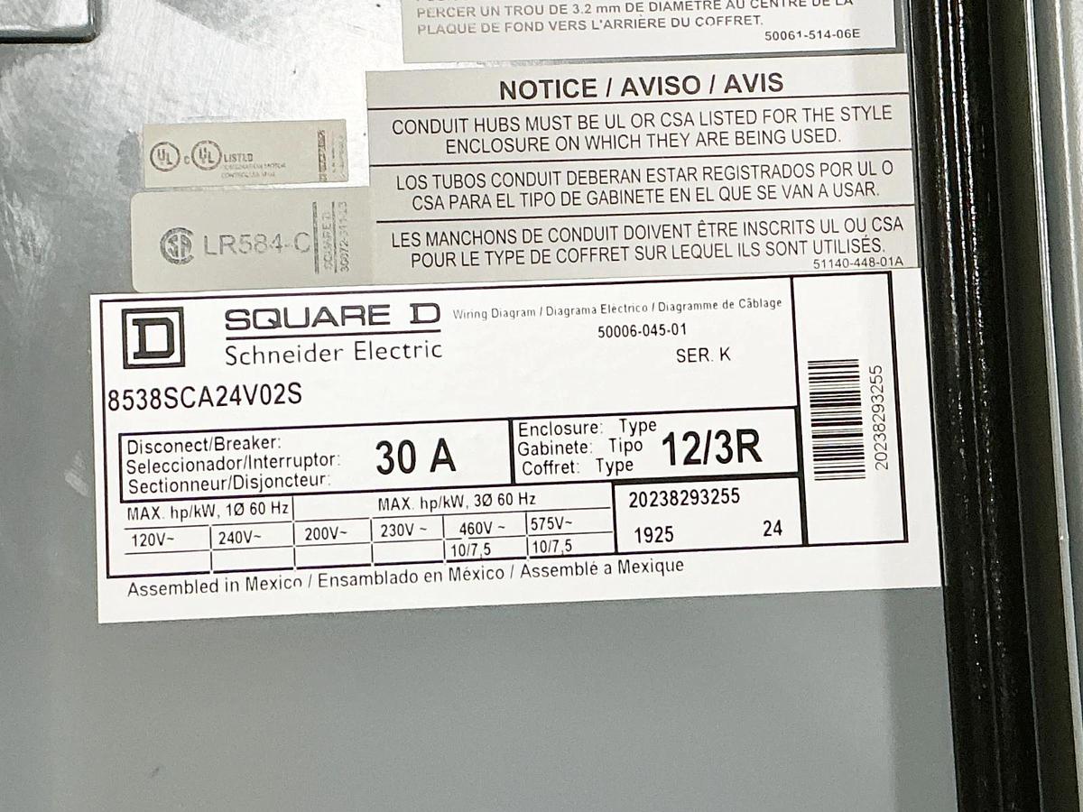 New Square D 8538SCA24V02S Combo Starter 600V 27A NEMA 1