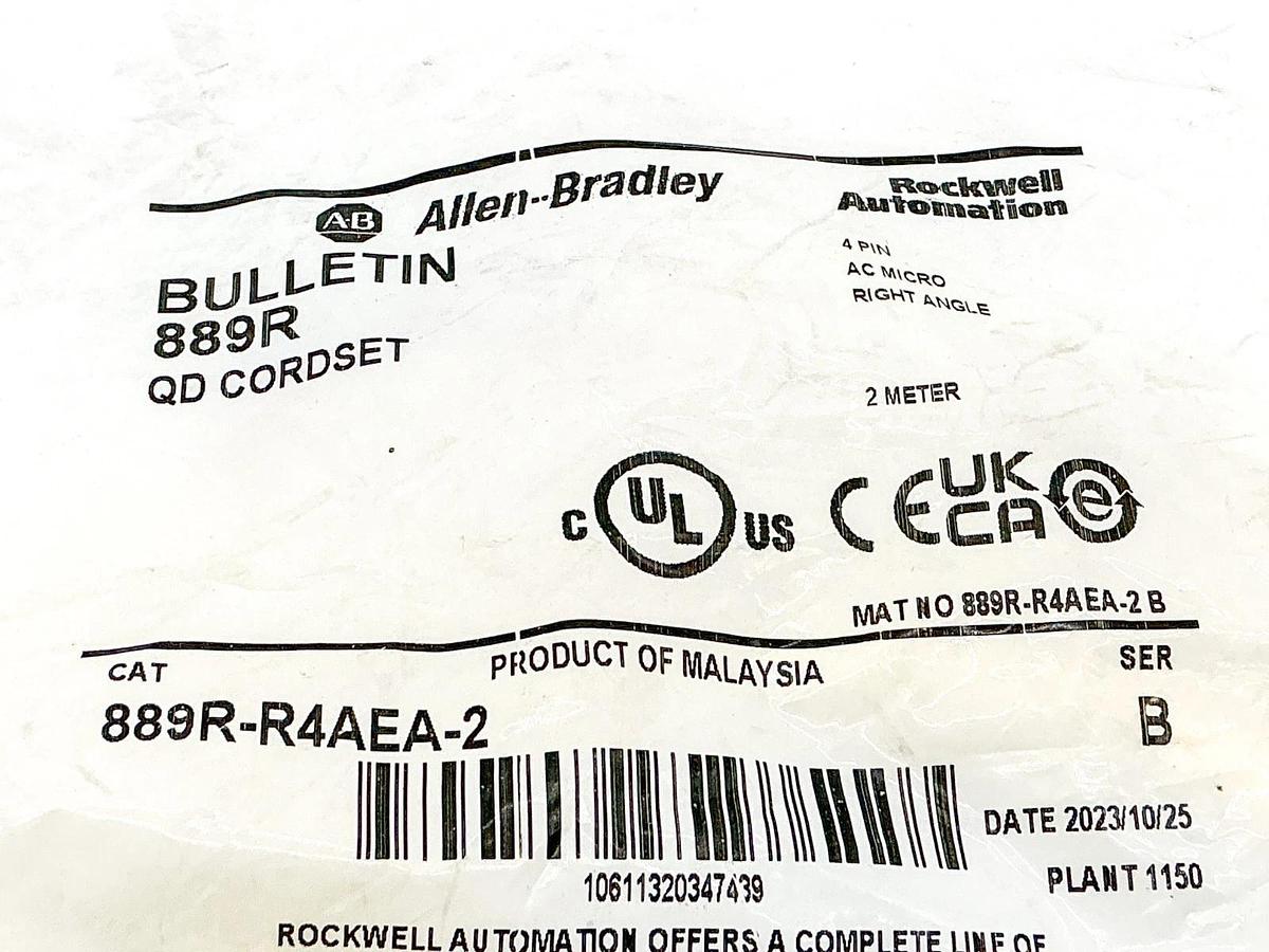 New Allen Bradley 889R-R4AEA-2 QD Cordset 4Pin AC Micro Right Angle Ser.B