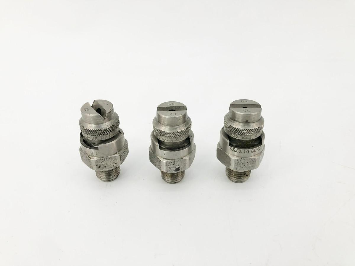 Lot of 3 New S.S. Co. 4438884 Spray Nozzles 1/4" 65 Deg. 40psi 1/4 QJJ-SS QU-SS