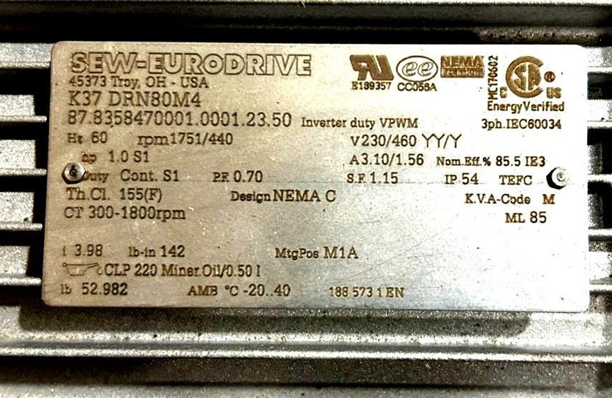 New SEW Eurodrive K37 DRN80M4 Gearmotor Inverter Duty VPWM 230/460V 1751/440rpm