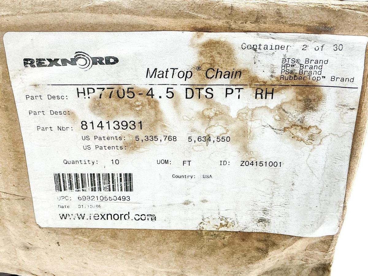 New Rexnord HP7705-4.5 DTS PT RH MatTop Chain 10FT 81413931