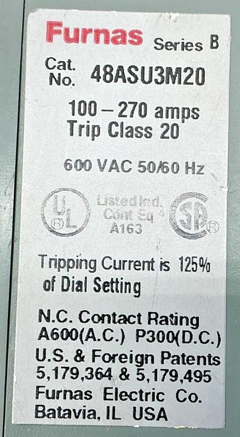 Used Furnas 48ASU3M20 Ser B Overload Relay Solid State 3PH 100-270FLA 600VAC 50/60HZ
