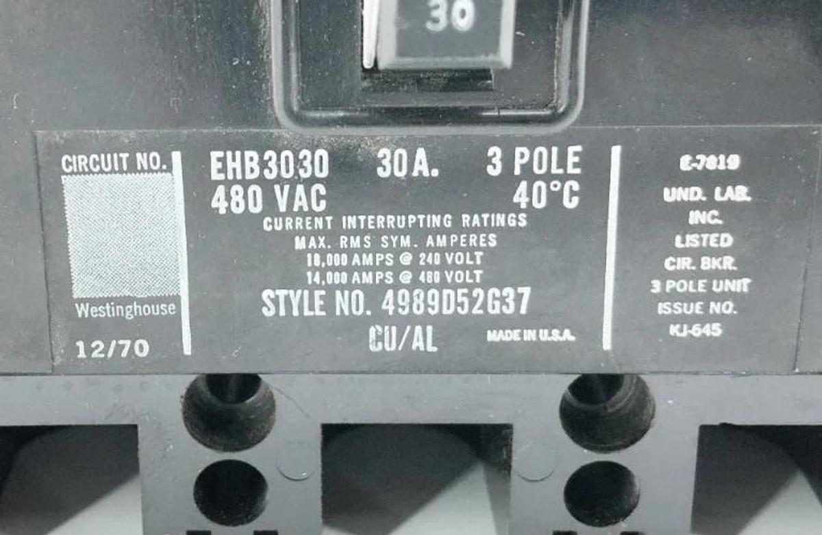 New Westinghouse EHB3030 Circuit Breaker 480V 30A 3P 4989D52G37 - No Box