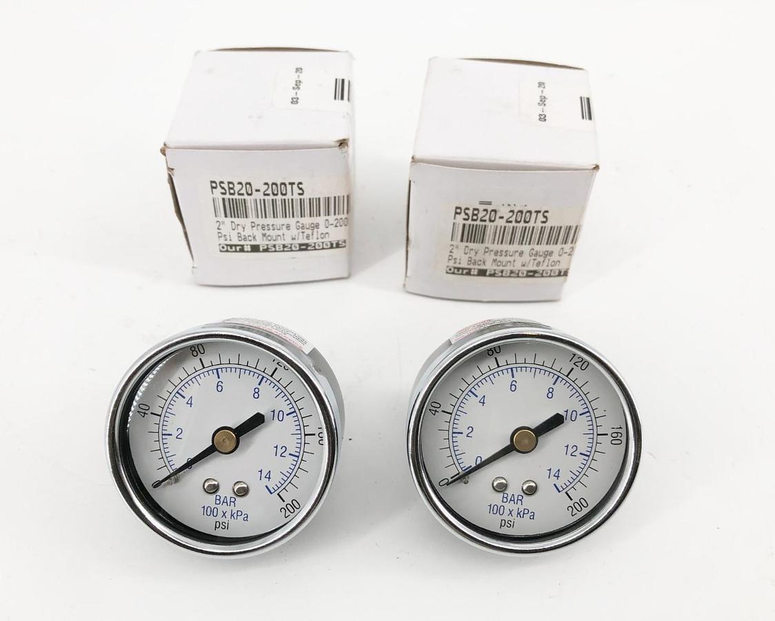 Lot of 2 New PSB20-200TS Dry Pressure Gauges 2" 0-200psi Back Mount w/ Teflon