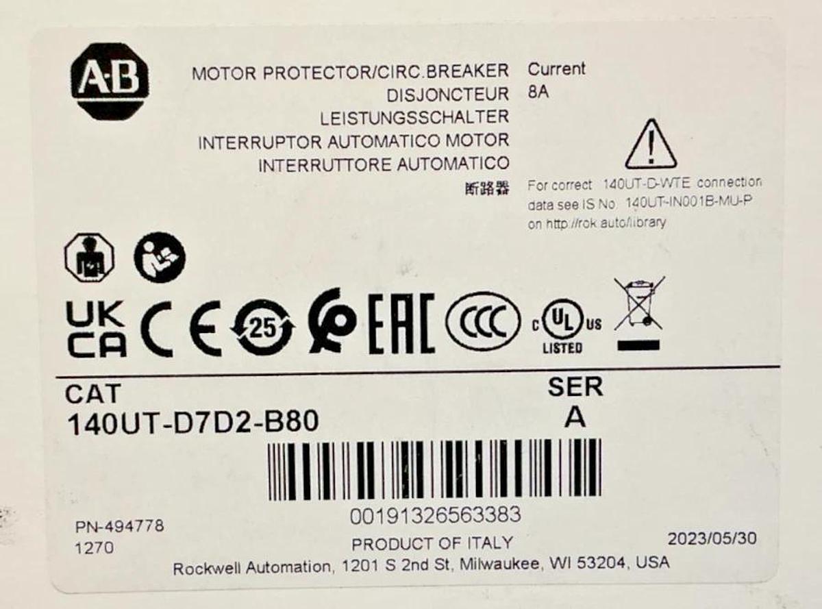New Allen Bradley 140UT-D7D2-B80 Ser A Motor Protector Circuit Breaker 8A 480V