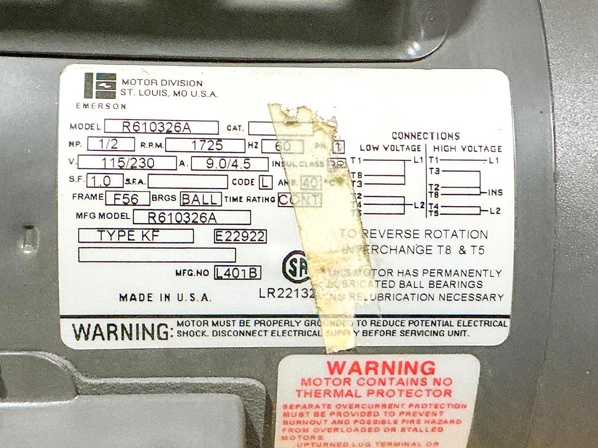 New Emerson R610326A Electric Motor 1/2HP 1PH 230V 1725RPM - No Box