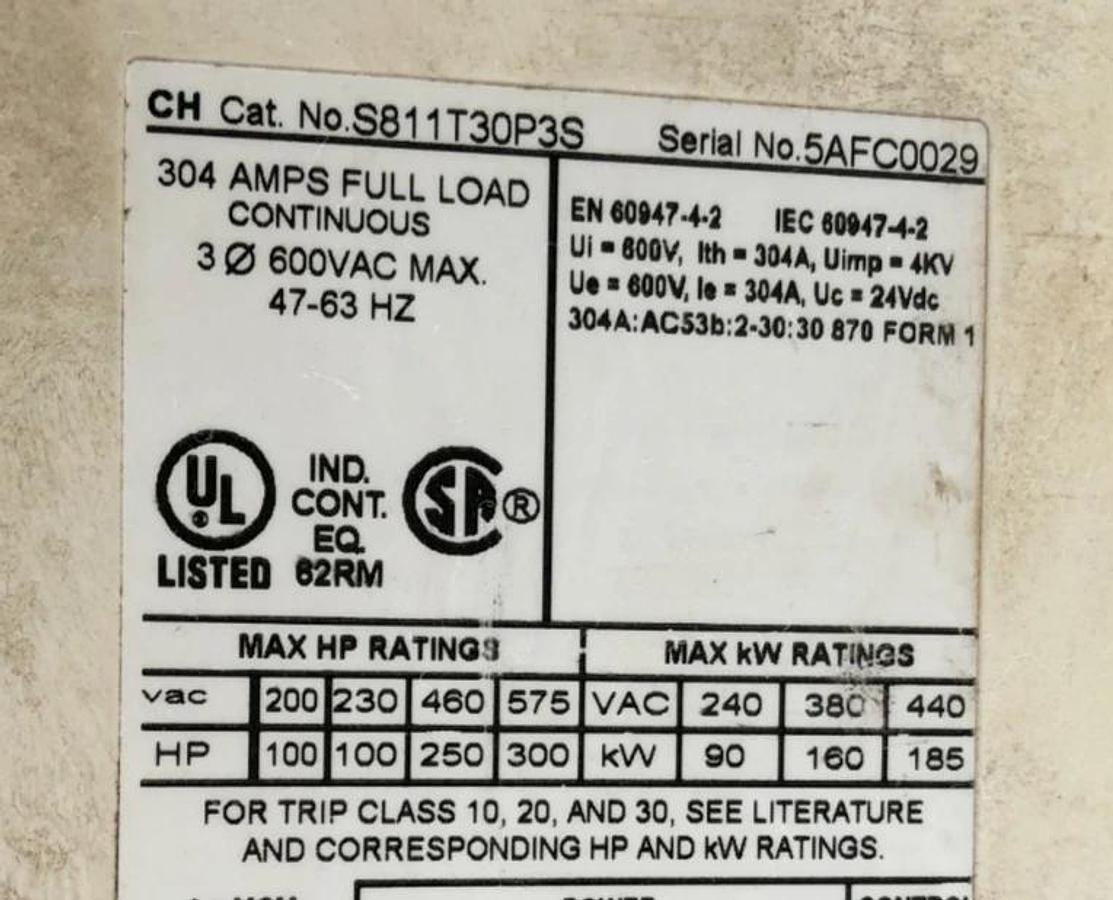 Used Eaton S811T30P3S Reduced Voltage Soft Starter 304A 3PH 600VAC Max 300HP
