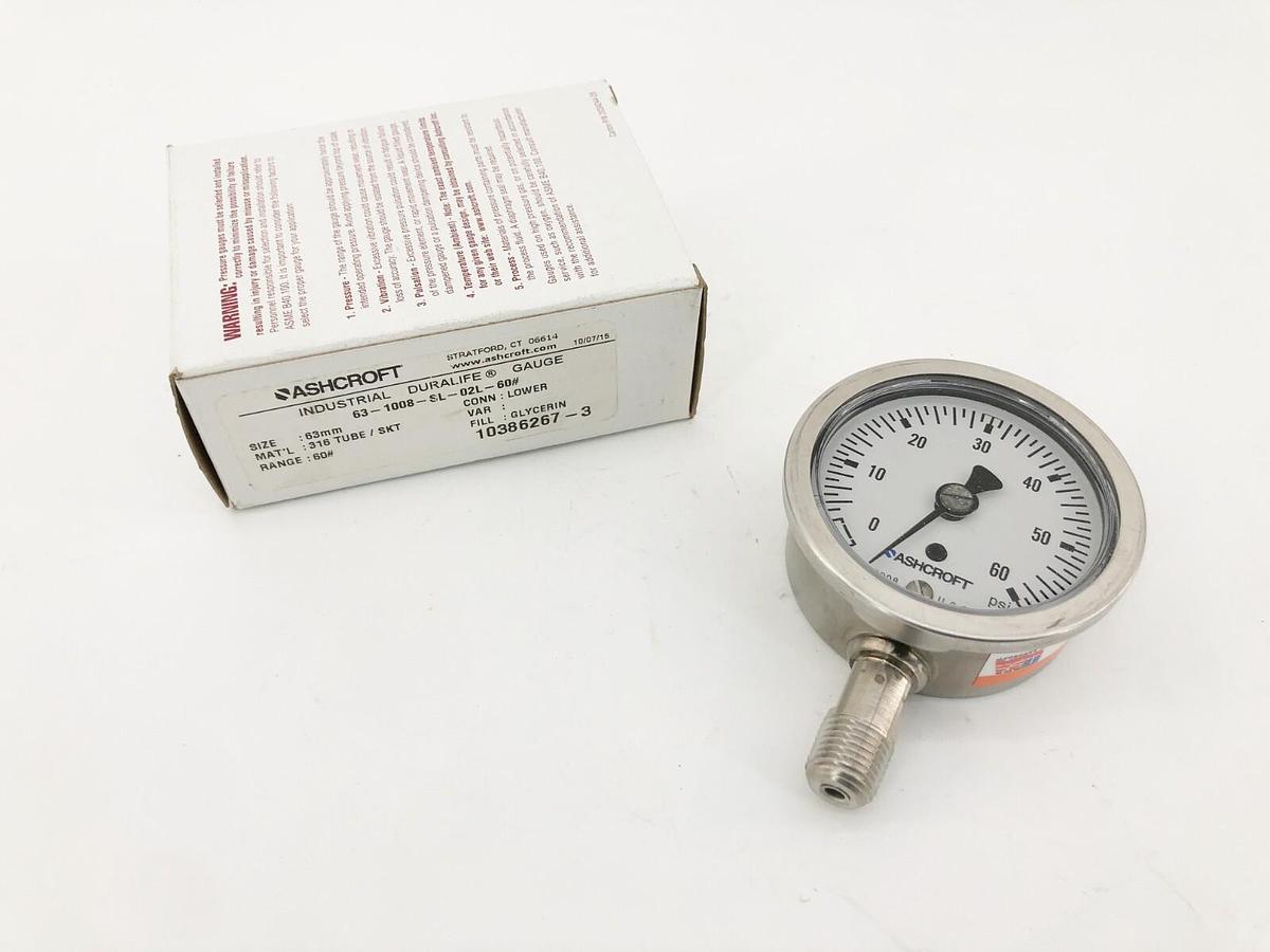 New Ashcroft 63-1008-SL-02L-60# Duralife Gauge 63mm 60psi Lower Mount 10386267-3