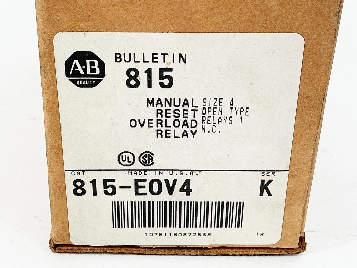 New Allen Bradley 815-EOV4 Manual Reset Overload Relay Size 4 Open Type Ser.K