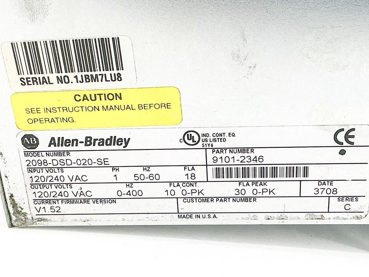 Used Allen Bradley 2098-DSD-020-SE Servo Drive 120/240V 50/60Hz 0-400Hz Ser.C