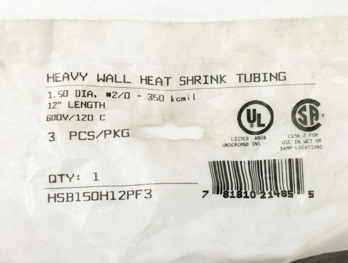 Lot of 3 New Burndy HSB150H12PF3 Heat Shrink Tubes 1.5" Dia. 12" Length 2/0-350