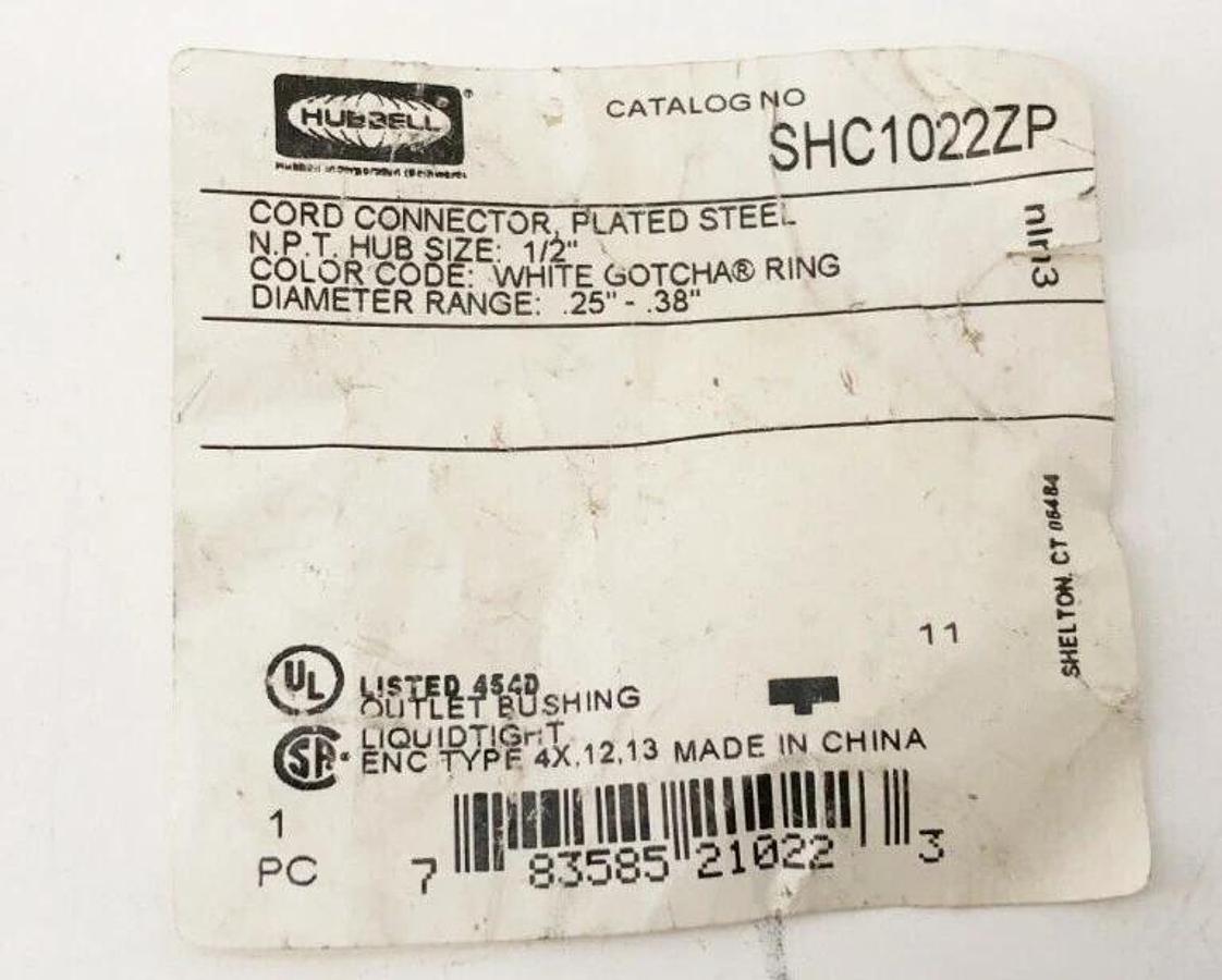 Lot of 3 New Hubbell SHC1022ZP Cord Connectors
