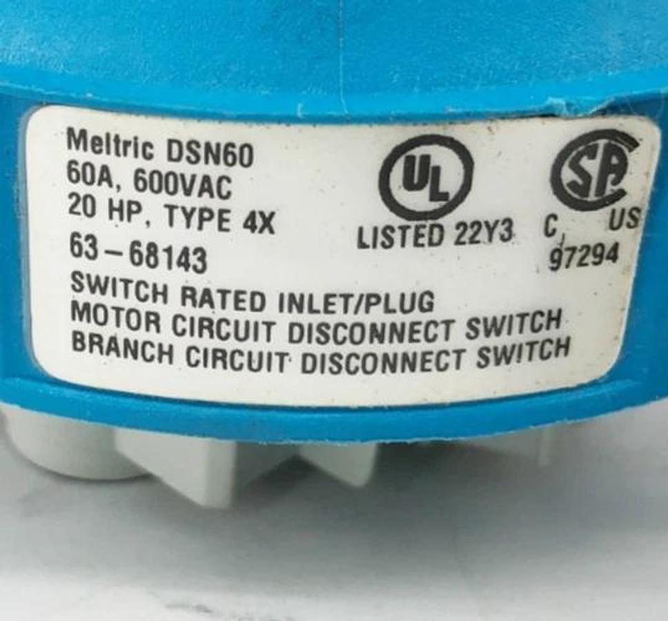 New Meltric 63-68143 Inlet/Plug DSN60 60A 3P + E 600VAC 20HP Type 4X