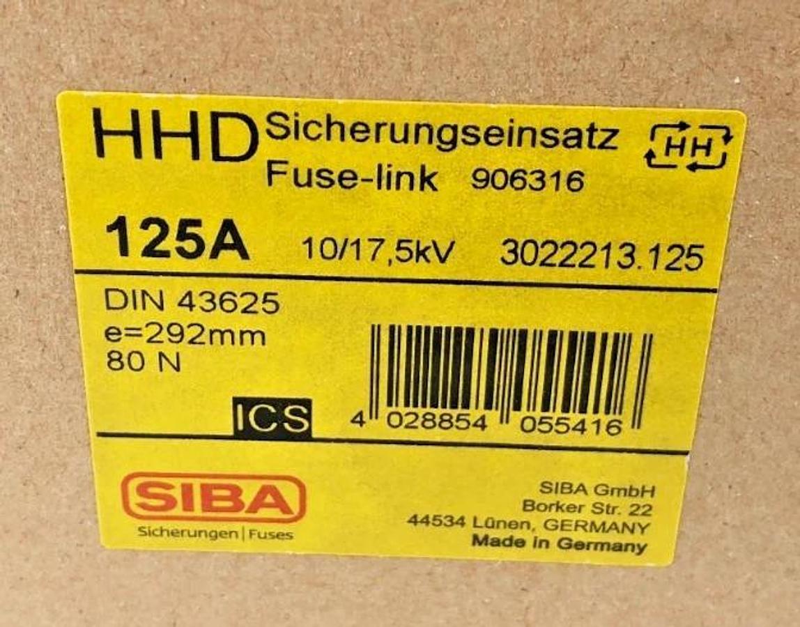 New SIBA 3022213.125 Fuse-Link HHD 125A 10/17,5kV DIN 43625 e=292mm 80 N