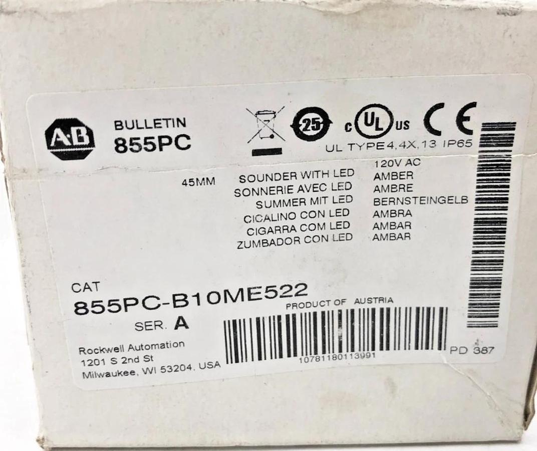 New Allen Bradley 855PC-B10ME522 Ser. A Sounder w/ LED Amber 120VAC
