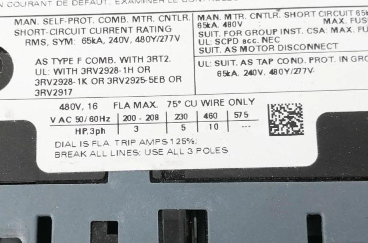 Used Siemens 3RV2011-4AA10 Motor Circuit Breaker 10-16A 3-Pole
