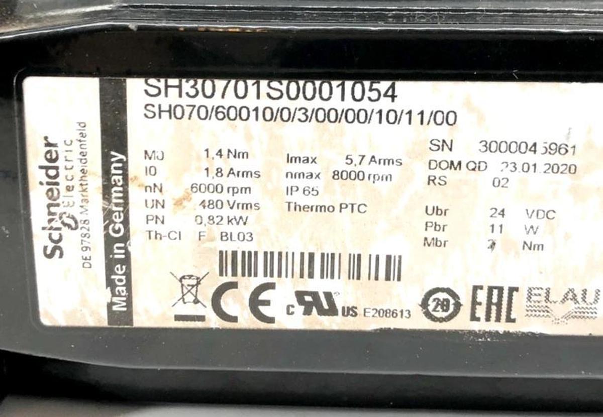 Used Schneider Electric SH30701S0001054 Servo Motor SH070/60010/0/3/00/00/10/11/00