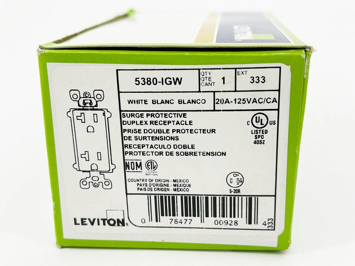 New Leviton 5380-IGW Surge Protective Duplex Receptacle 20A 125VAC White