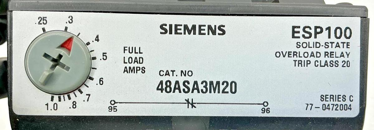New Siemens 48ASA3M20 Ser C Overload Relay Solid State 3PH 50/60HZ 0.25-1FLA