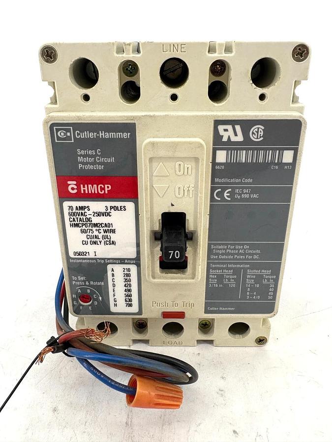 Used Cutler-Hammer HMCP070M2CA01 70A Circuit Breaker w/ A1X1PK Aux. Switch 600VAC 3P