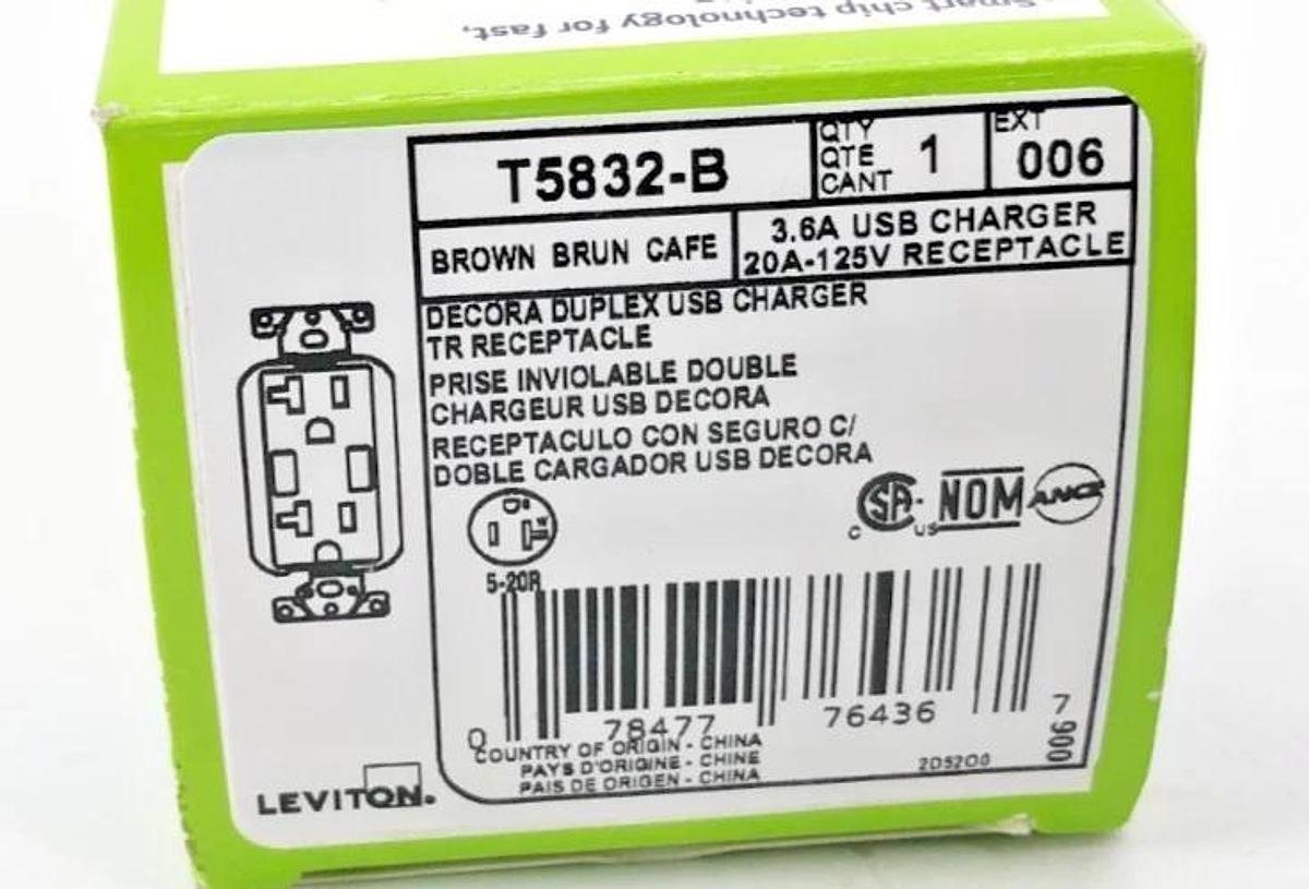 New Leviton T5832-B Decora Duplex USB Charger Brown 3.6A USB 20A-125V
