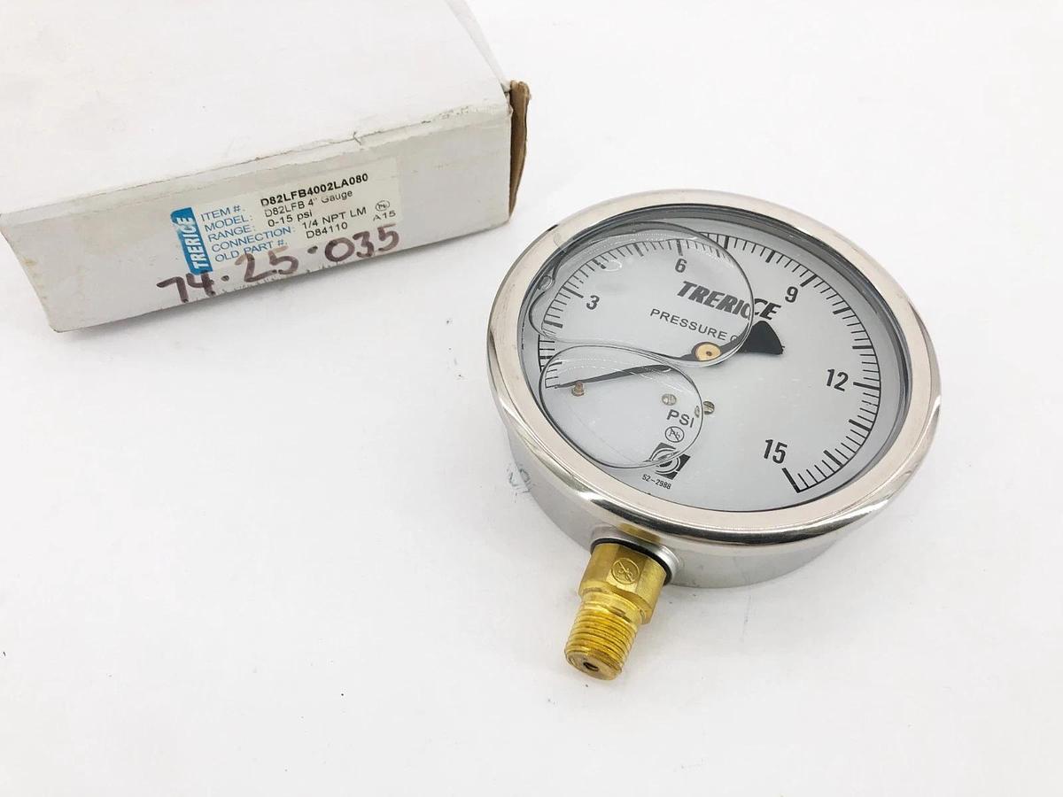 New Trerice D82LFB4002LA080 Pressure Gauge D82LFB 4" 0-15psi 1/4" LM D84110