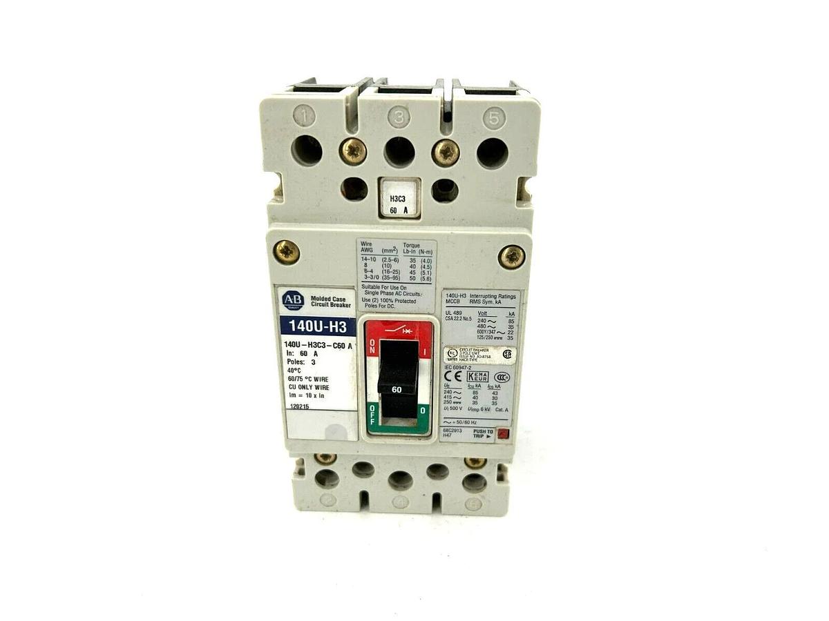Used Allen Bradley 140U-H3C3-C60 Circuit Breaker, 60 A, 3 Pole,