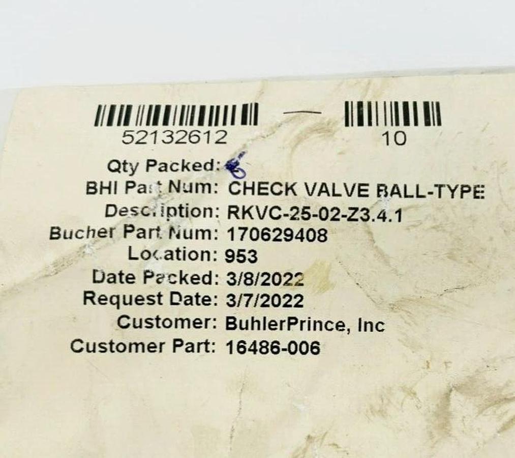 New Buhler RKVC-25-02-Z3.4.1 Check Valve, Ball-Type