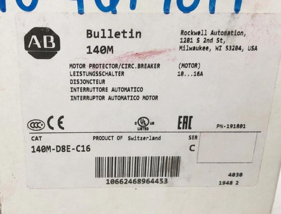 New Allen Bradley 140M-D8E-C16 Ser. C Motor Protector Circuit Breaker 10-16A